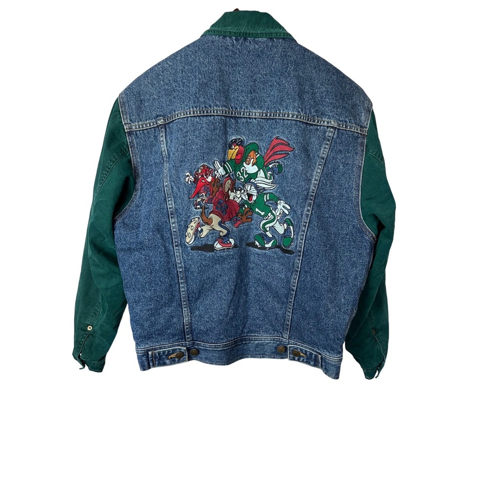 Vintage Denim Jacket Looney Tunes Character Patch Green Sleeve Lined Mens M‎ 90s